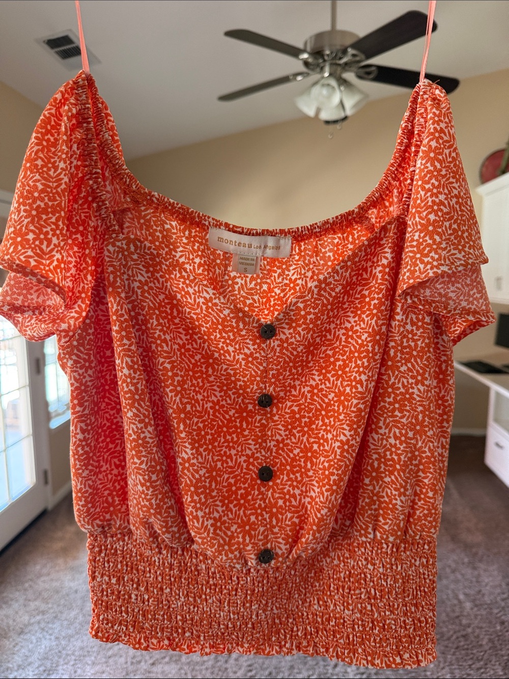 Monteau Orange Floral Off-Shoulder Smocked Crop Top